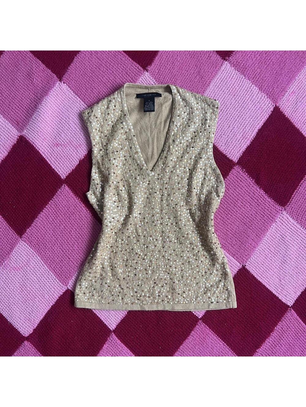 gold sequin v neck sleeveless top